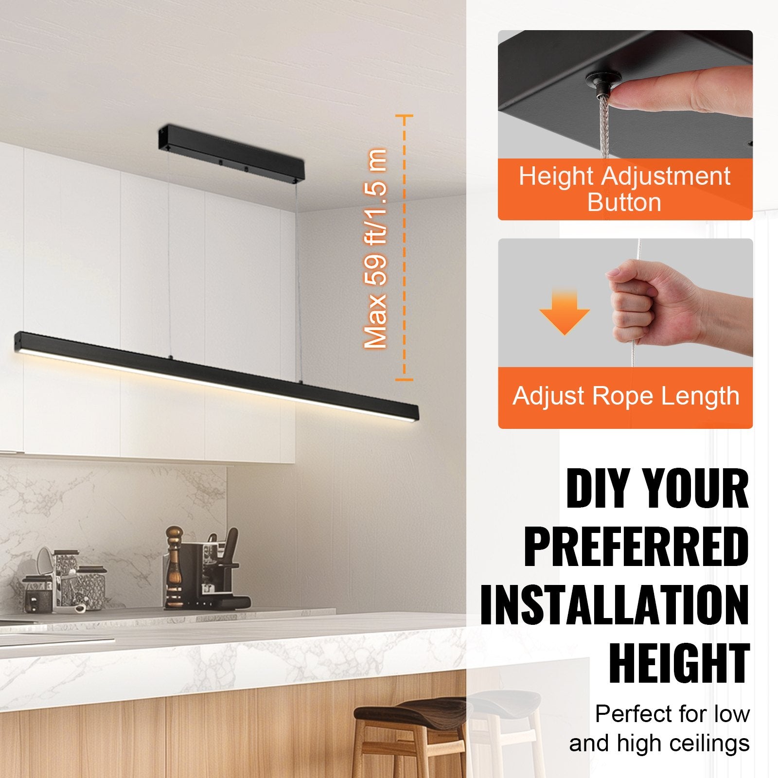 Dimmable Linear Pendant Light, 20W, 47 In LED Linear Light Fixture Chandelier With Acrylic Lampshade 3000K / 4000K / 6500K Color Temperature Adjustable Height, For Dining Room Kitchen Island